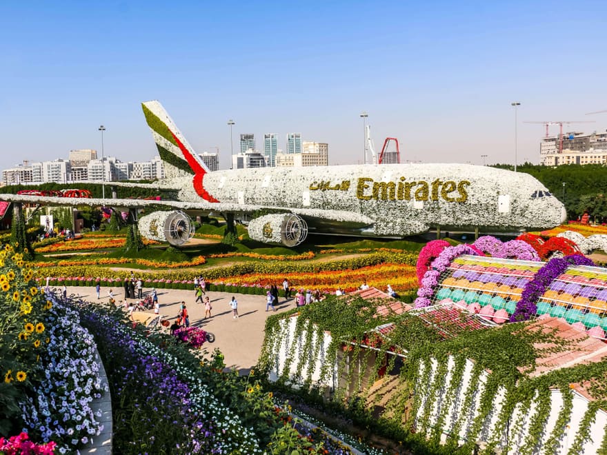 Banks of flowers shaped into arches and sculptures at Dubai Miracle Garden